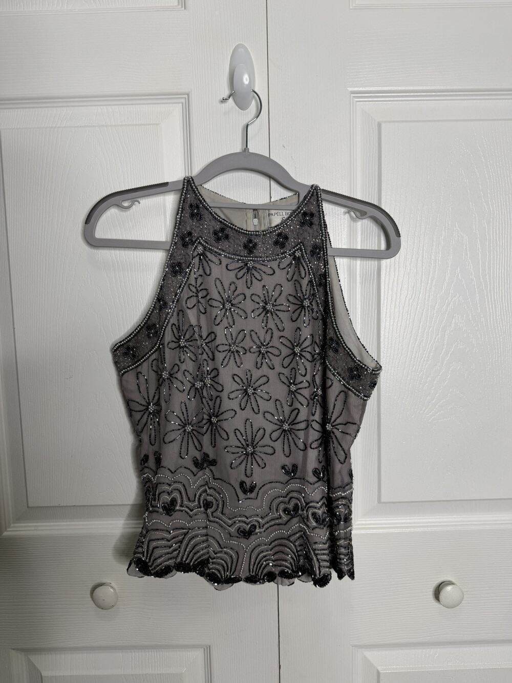 Papell Boutique Evening Silk Beaded Top Gray Sleeveless Scallop Hem Womens M
